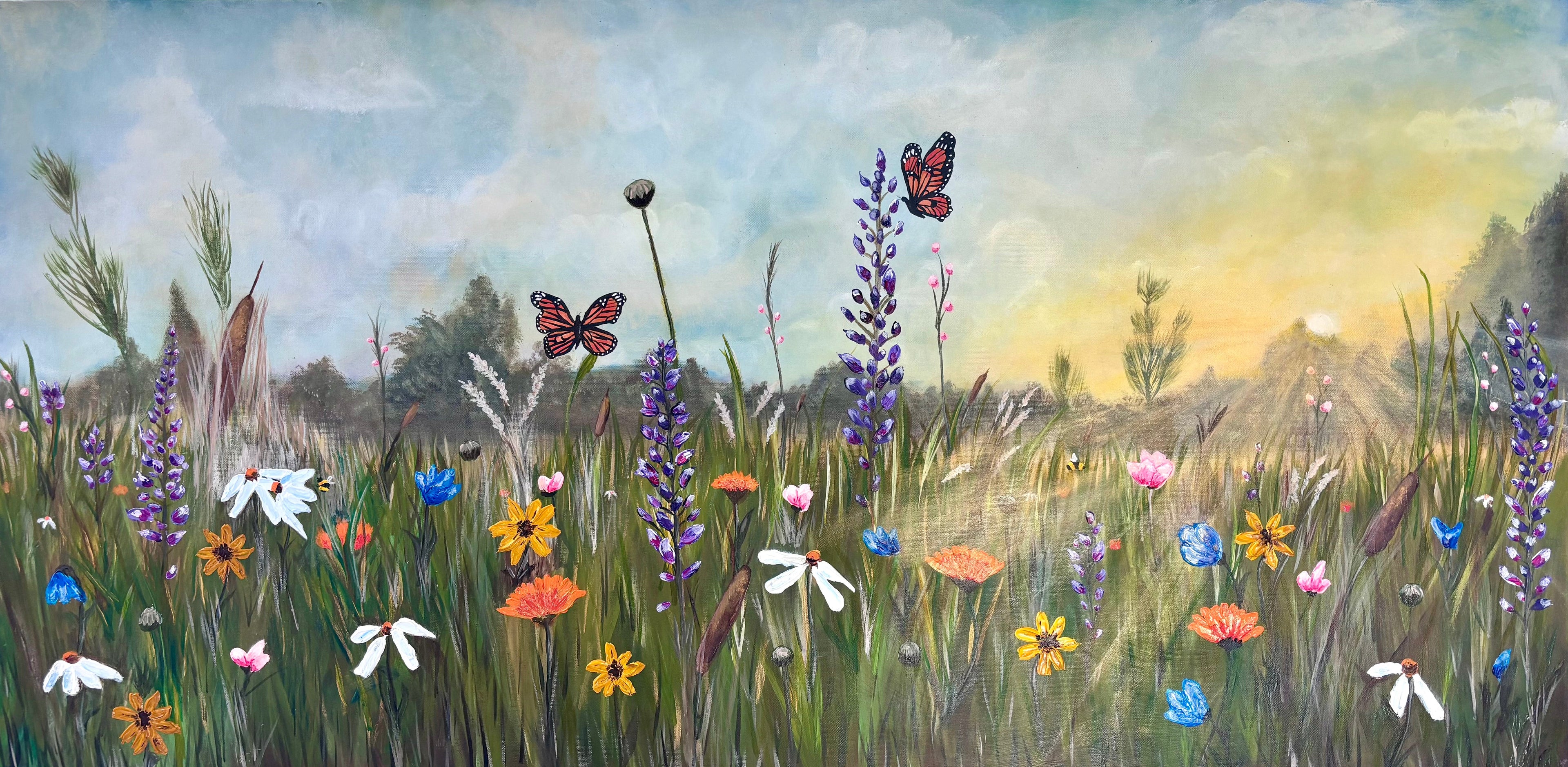 Painting of a field with wildflowers and butterflies under a blue sky.